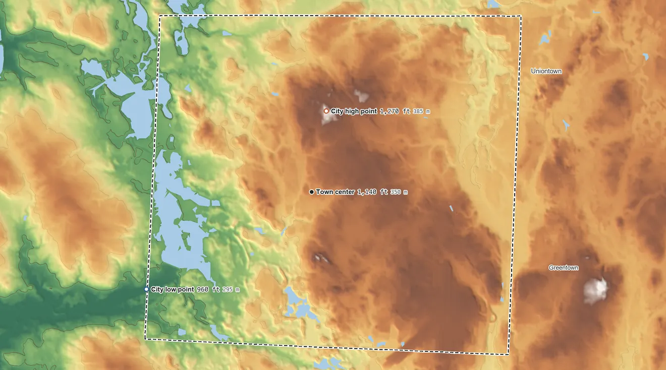 Topographic elevation map of Green, Ohio, shaded from 960 ft on the southwest side to 1,270 ft on the north side
