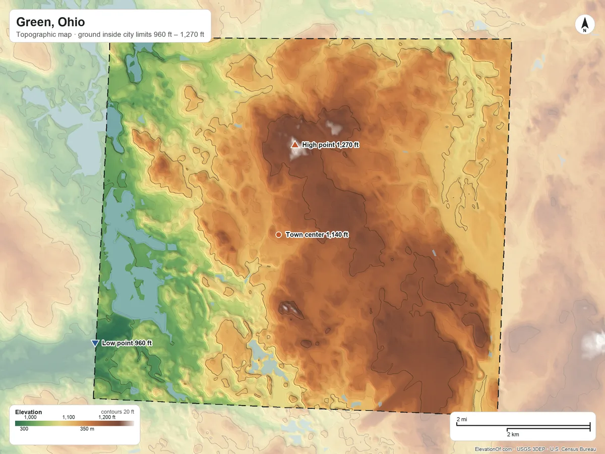 Topographic elevation map of Green, Ohio, shaded from 960 ft on the southwest side to 1,270 ft on the north side