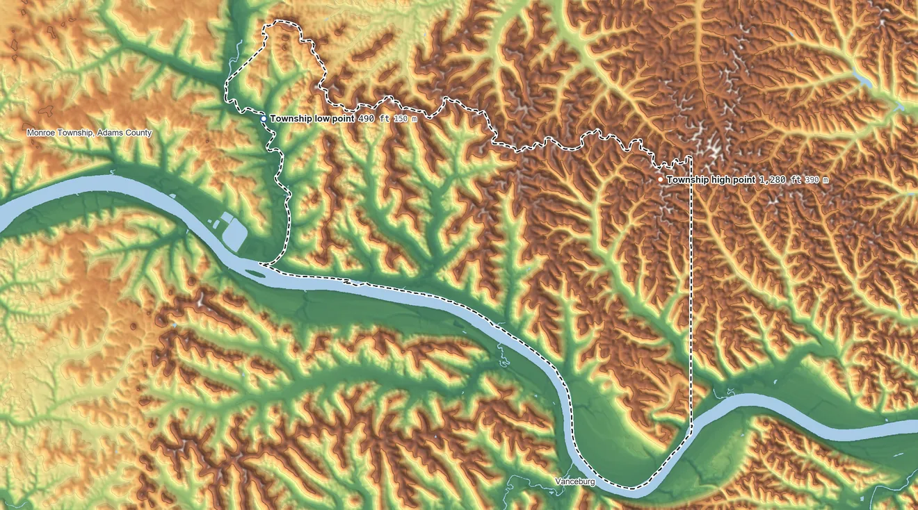 Topographic elevation map of Green Township, Adams County, Ohio, shaded from 490 ft on the northwest side to 1,280 ft on the northeast side