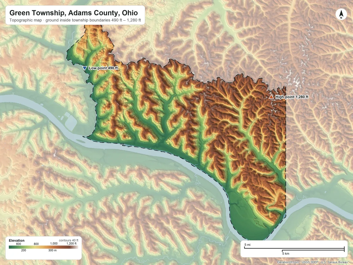 Topographic elevation map of Green Township, Adams County, Ohio, shaded from 490 ft on the northwest side to 1,280 ft on the northeast side