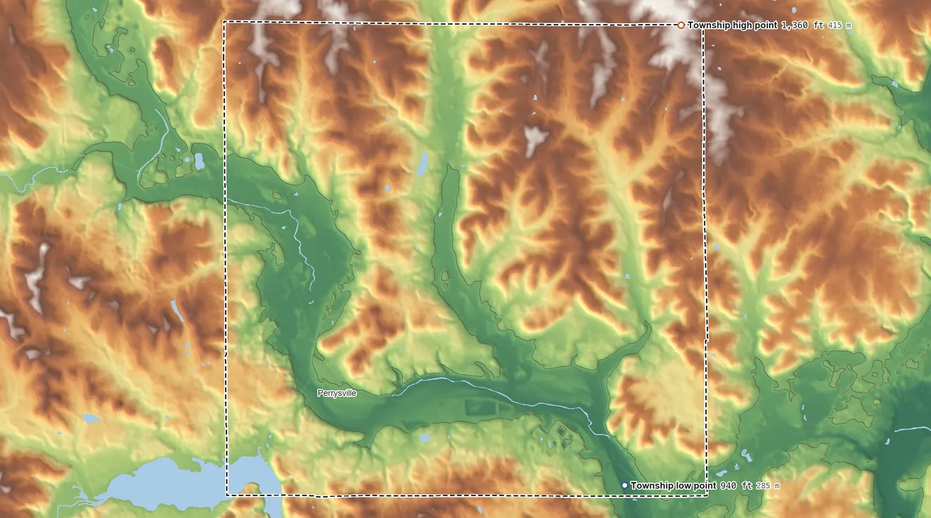 Topographic elevation map of Green Township, Ashland County, Ohio, shaded from 940 ft on the southeast side to 1,360 ft on the northeast side