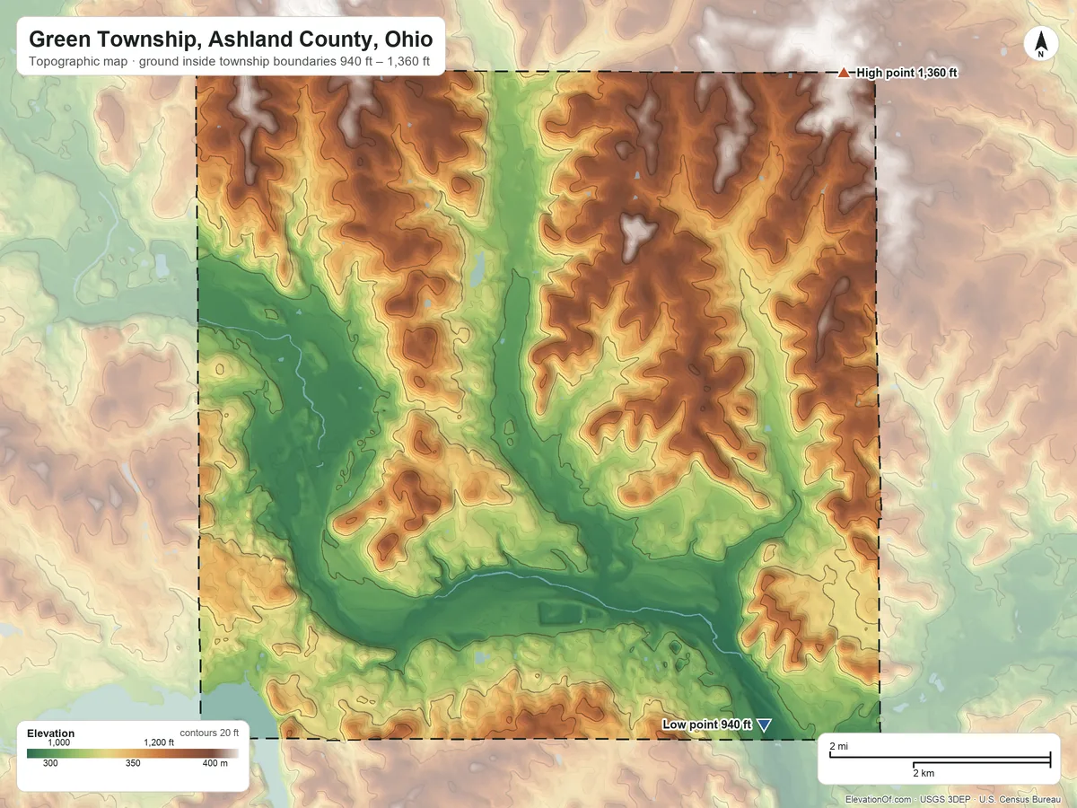 Topographic elevation map of Green Township, Ashland County, Ohio, shaded from 940 ft on the southeast side to 1,360 ft on the northeast side