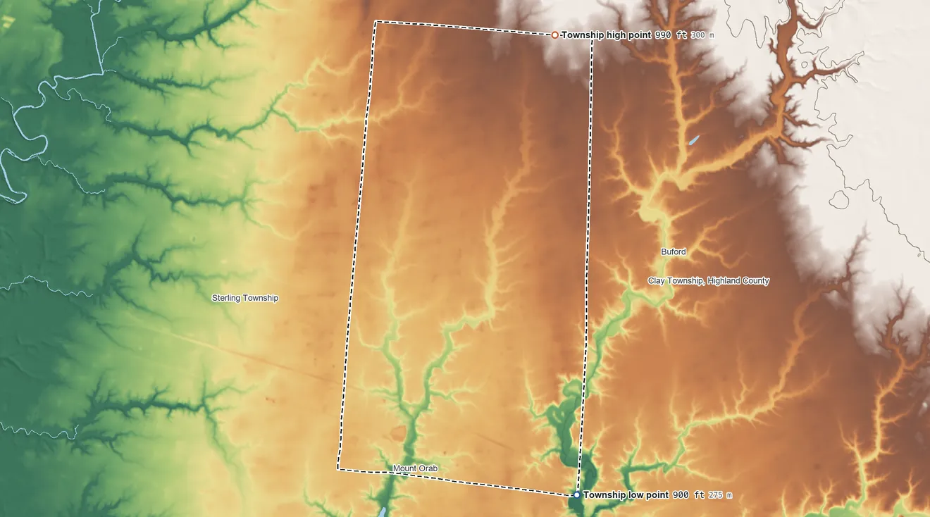 Topographic elevation map of Green Township, Brown County, Ohio, shaded from 900 ft on the southeast side to 990 ft on the north side