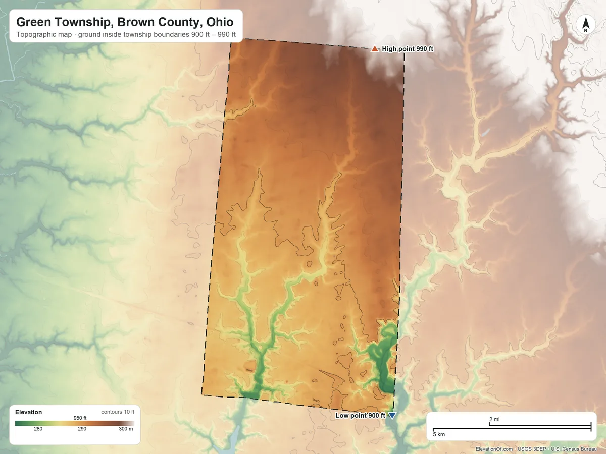 Topographic elevation map of Green Township, Brown County, Ohio, shaded from 900 ft on the southeast side to 990 ft on the north side