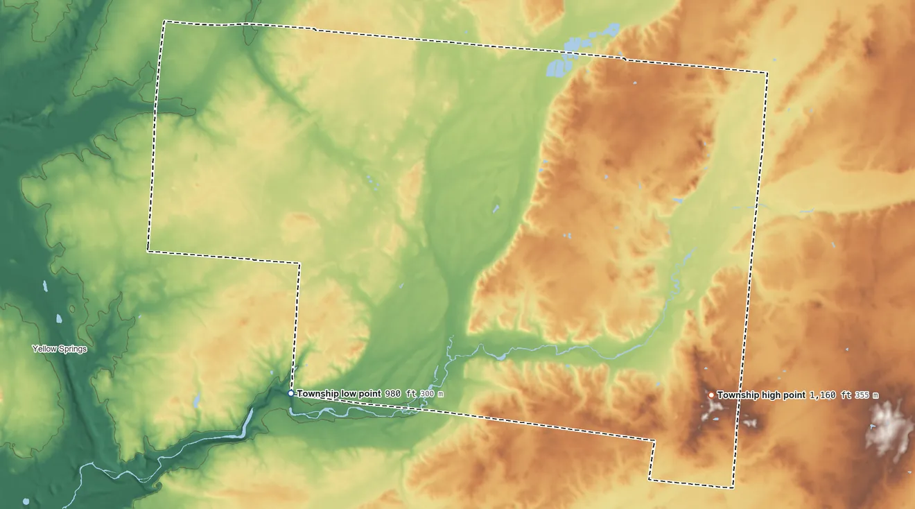 Topographic elevation map of Green Township, Clark County, Ohio, shaded from 980 ft on the southwest side to 1,160 ft on the southeast side