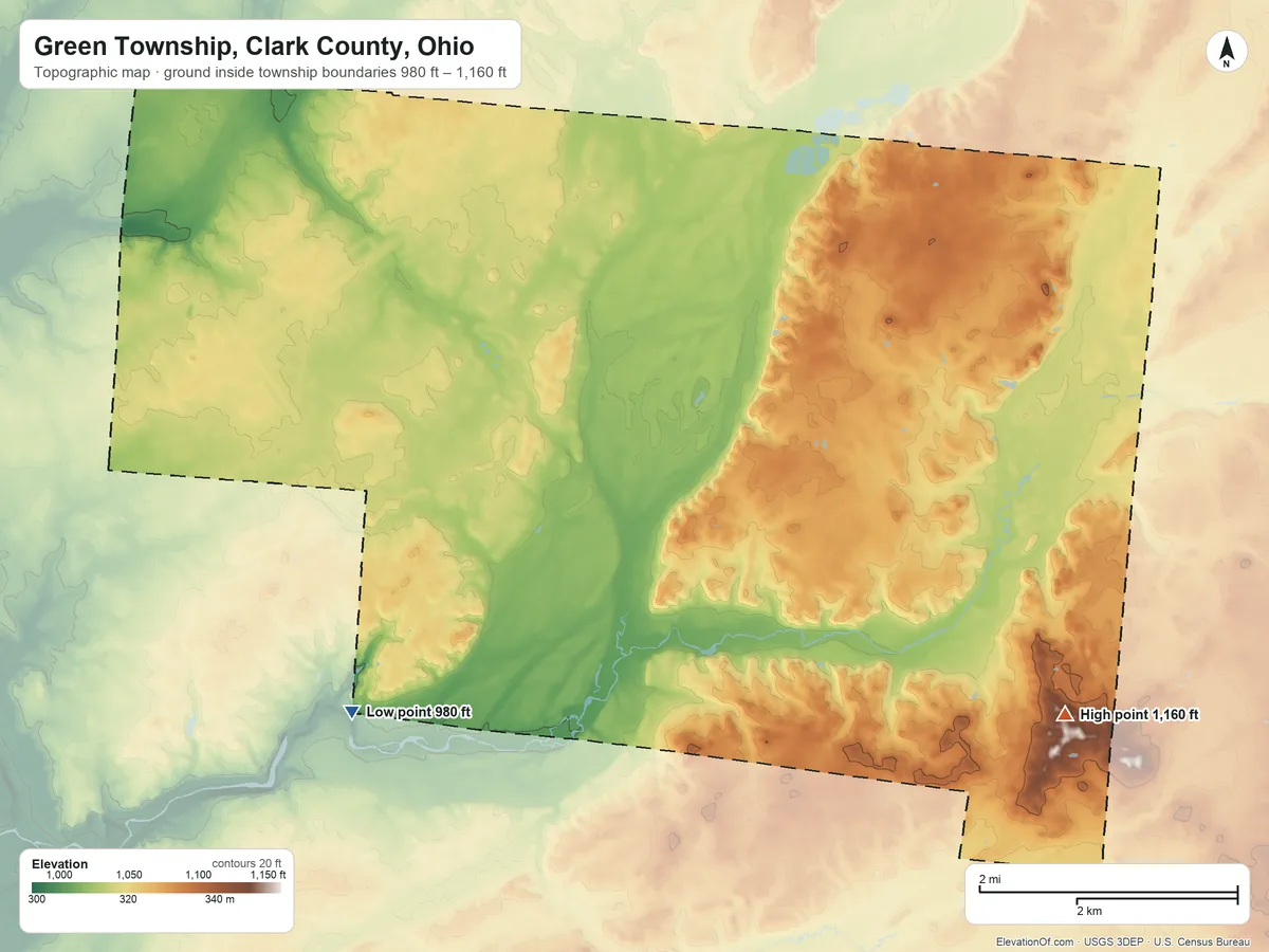 Topographic elevation map of Green Township, Clark County, Ohio, shaded from 980 ft on the southwest side to 1,160 ft on the southeast side