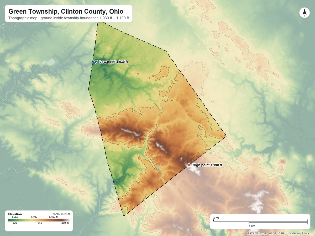 Topographic elevation map of Green Township, Clinton County, Ohio, shaded from 1,030 ft on the northwest side to 1,190 ft on the southeast side