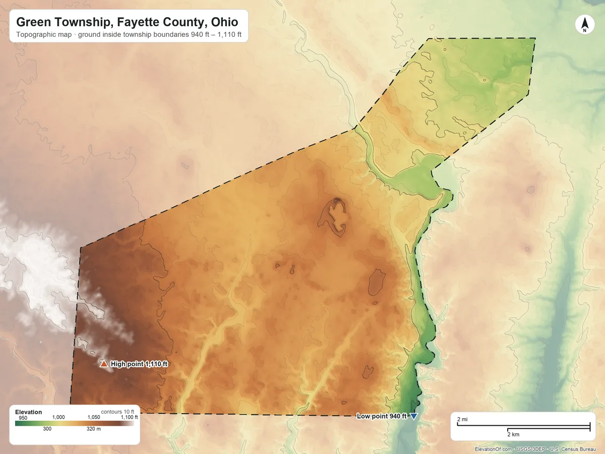 Topographic elevation map of Green Township, Fayette County, Ohio, shaded from 940 ft on the southeast side to 1,110 ft on the west side