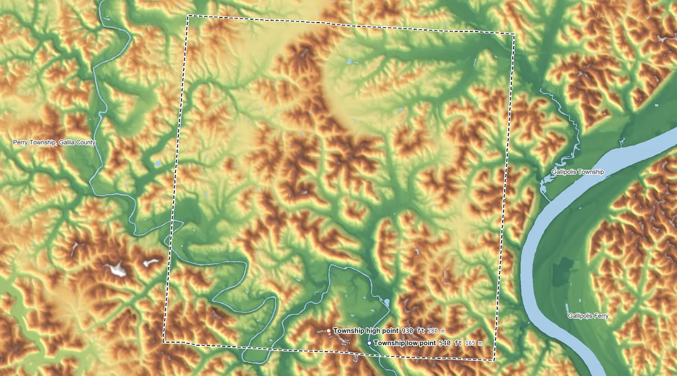 Topographic elevation map of Green Township, Gallia County, Ohio, shaded from 540 ft on the south side to 930 ft on the south side