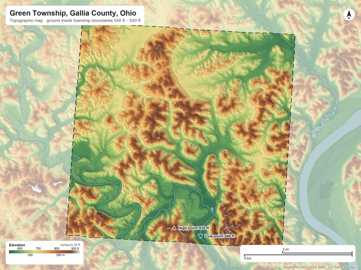 Topographic elevation map of Green Township, Gallia County, Ohio, shaded from 540 ft on the south side to 930 ft on the south side