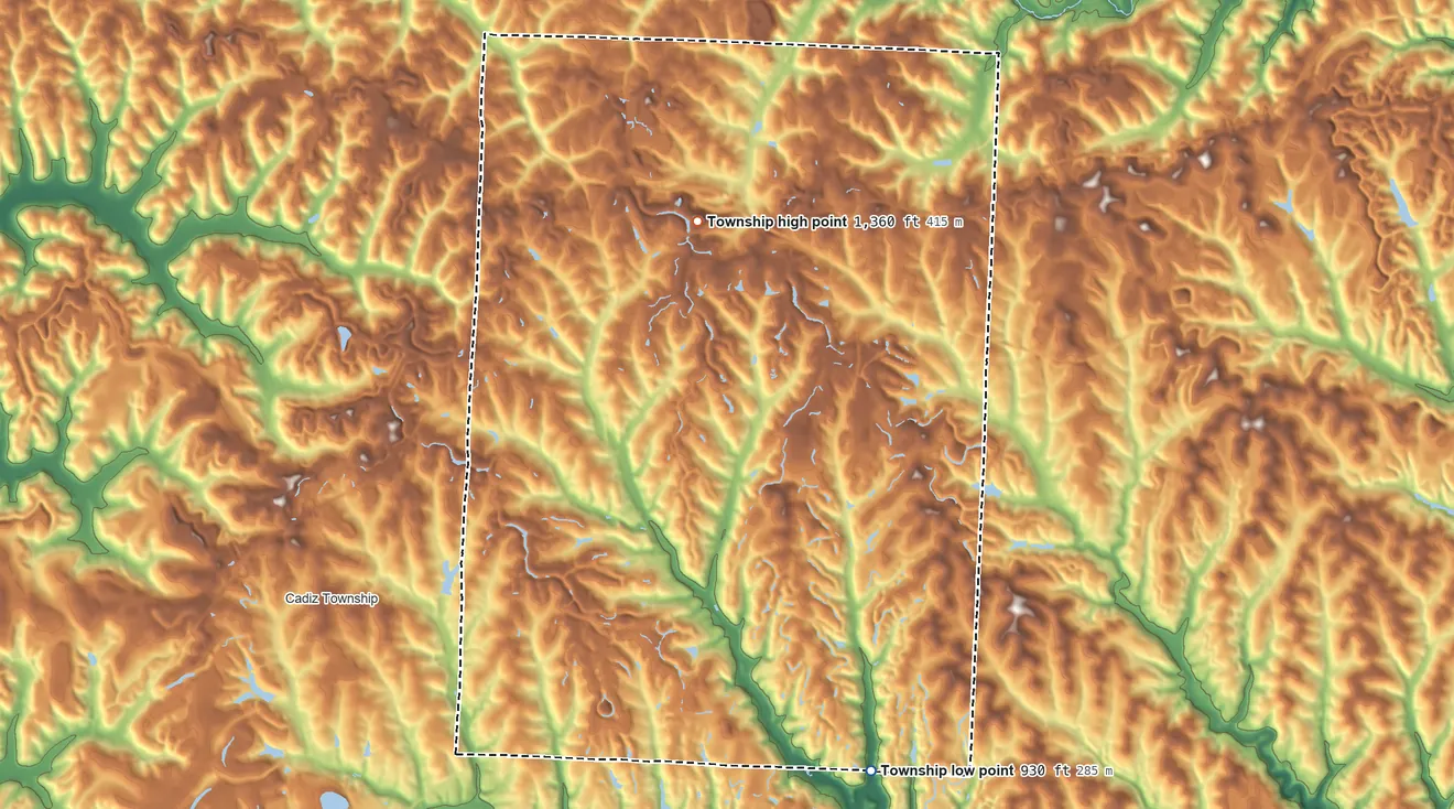 Topographic elevation map of Green Township, Harrison County, Ohio, shaded from 930 ft on the south side to 1,360 ft on the west side