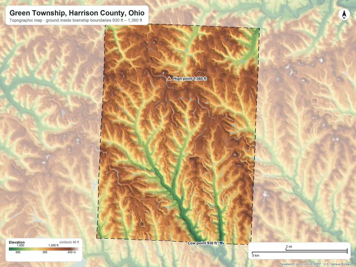 Topographic elevation map of Green Township, Harrison County, Ohio, shaded from 930 ft on the south side to 1,360 ft on the west side