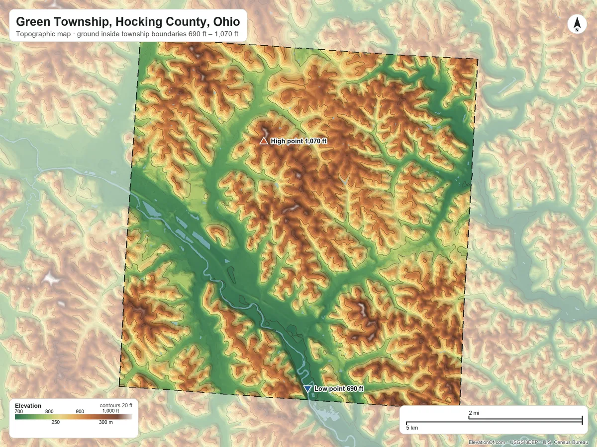 Topographic elevation map of Green Township, Hocking County, Ohio, shaded from 690 ft on the south side to 1,070 ft on the northwest side