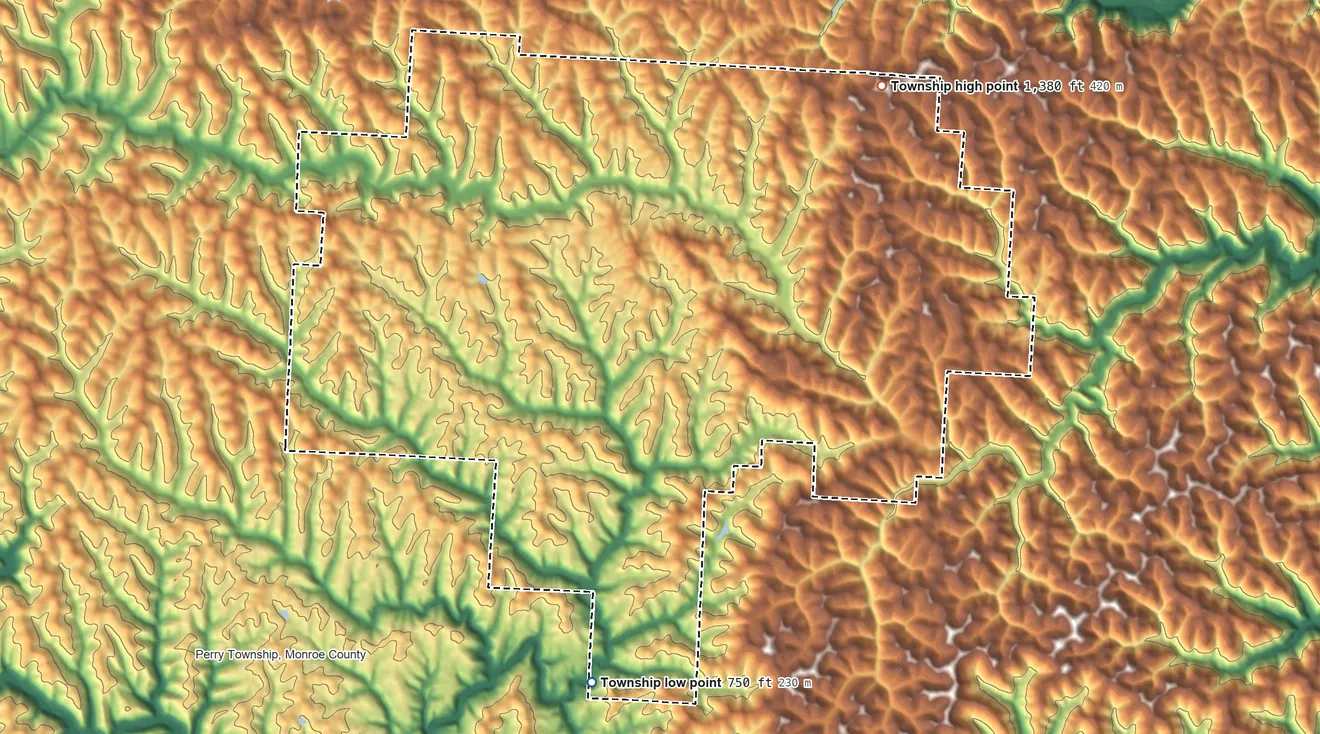 Topographic elevation map of Green Township, Monroe County, Ohio, shaded from 750 ft on the south side to 1,380 ft on the northeast side