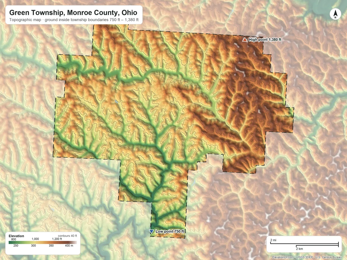 Topographic elevation map of Green Township, Monroe County, Ohio, shaded from 750 ft on the south side to 1,380 ft on the northeast side