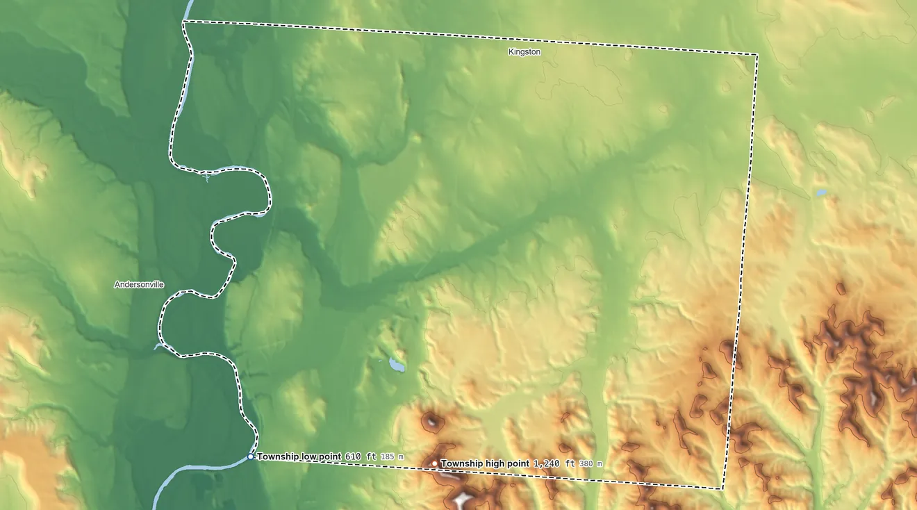 Topographic elevation map of Green Township, Ross County, Ohio, shaded from 610 ft on the southwest side to 1,240 ft on Bald Hill