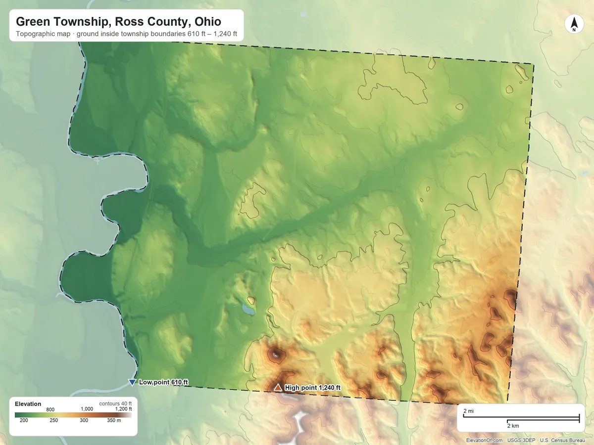 Topographic elevation map of Green Township, Ross County, Ohio, shaded from 610 ft on the southwest side to 1,240 ft on Bald Hill