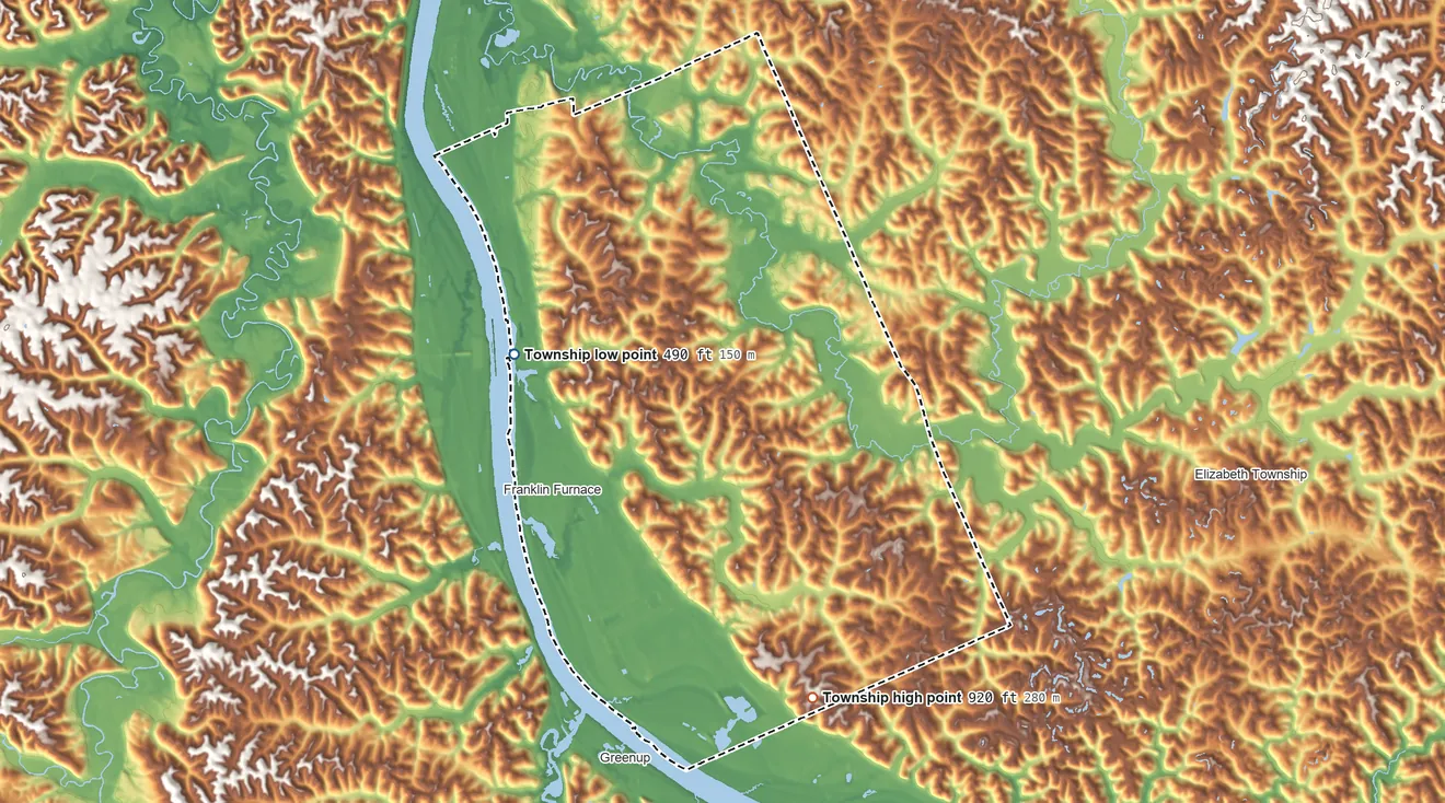 Topographic elevation map of Green Township, Scioto County, Ohio, shaded from 490 ft on the northwest side to 920 ft on the southeast side