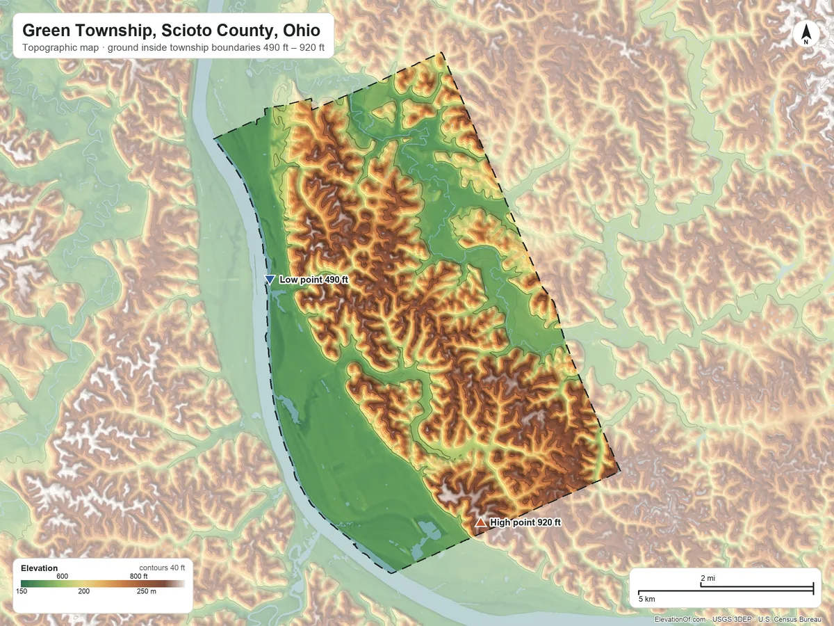 Topographic elevation map of Green Township, Scioto County, Ohio, shaded from 490 ft on the northwest side to 920 ft on the southeast side