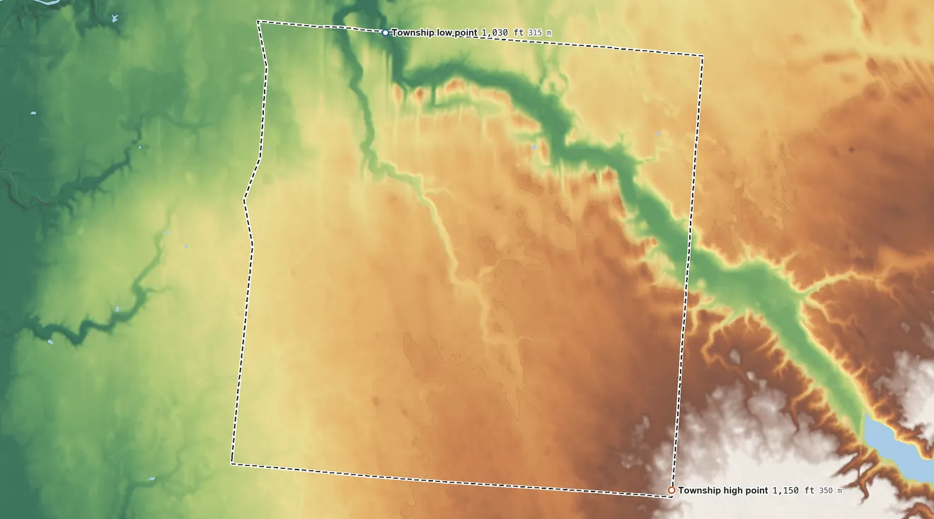 Topographic elevation map of Green Township, Shelby County, Ohio, shaded from 1,030 ft on the northwest side to 1,150 ft on the southeast side