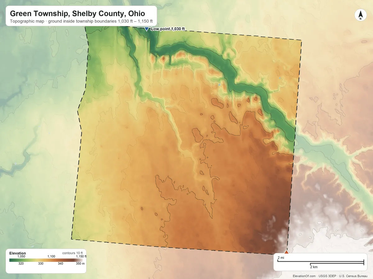 Topographic elevation map of Green Township, Shelby County, Ohio, shaded from 1,030 ft on the northwest side to 1,150 ft on the southeast side