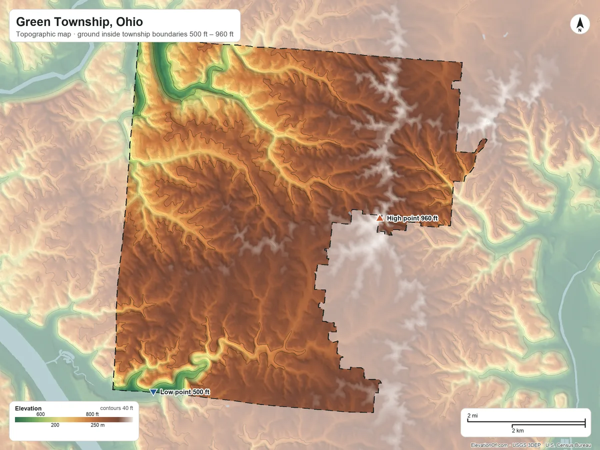 Topographic elevation map of Green Township, Ohio, shaded from 500 ft on the southwest side to 960 ft on the east side
