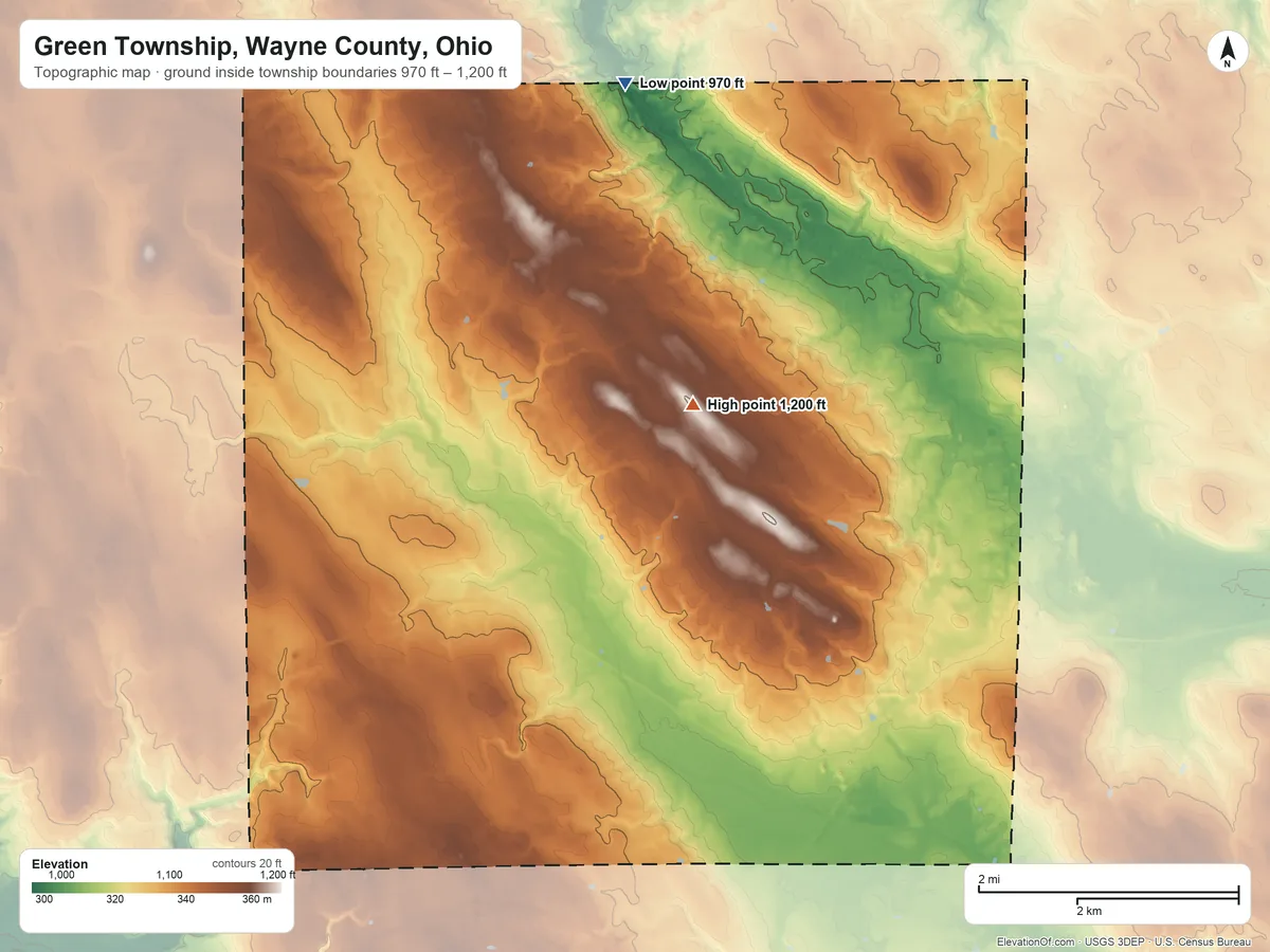 Topographic elevation map of Green Township, Wayne County, Ohio, shaded from 970 ft on the north side to 1,200 ft on the northwest side