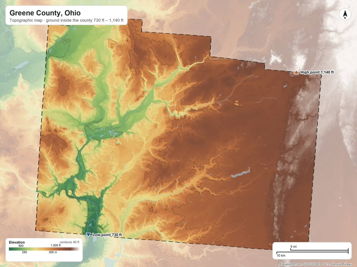 Topographic elevation map of Greene County, Ohio, shaded from 730 ft on the southwest side to 1,140 ft on the northeast side