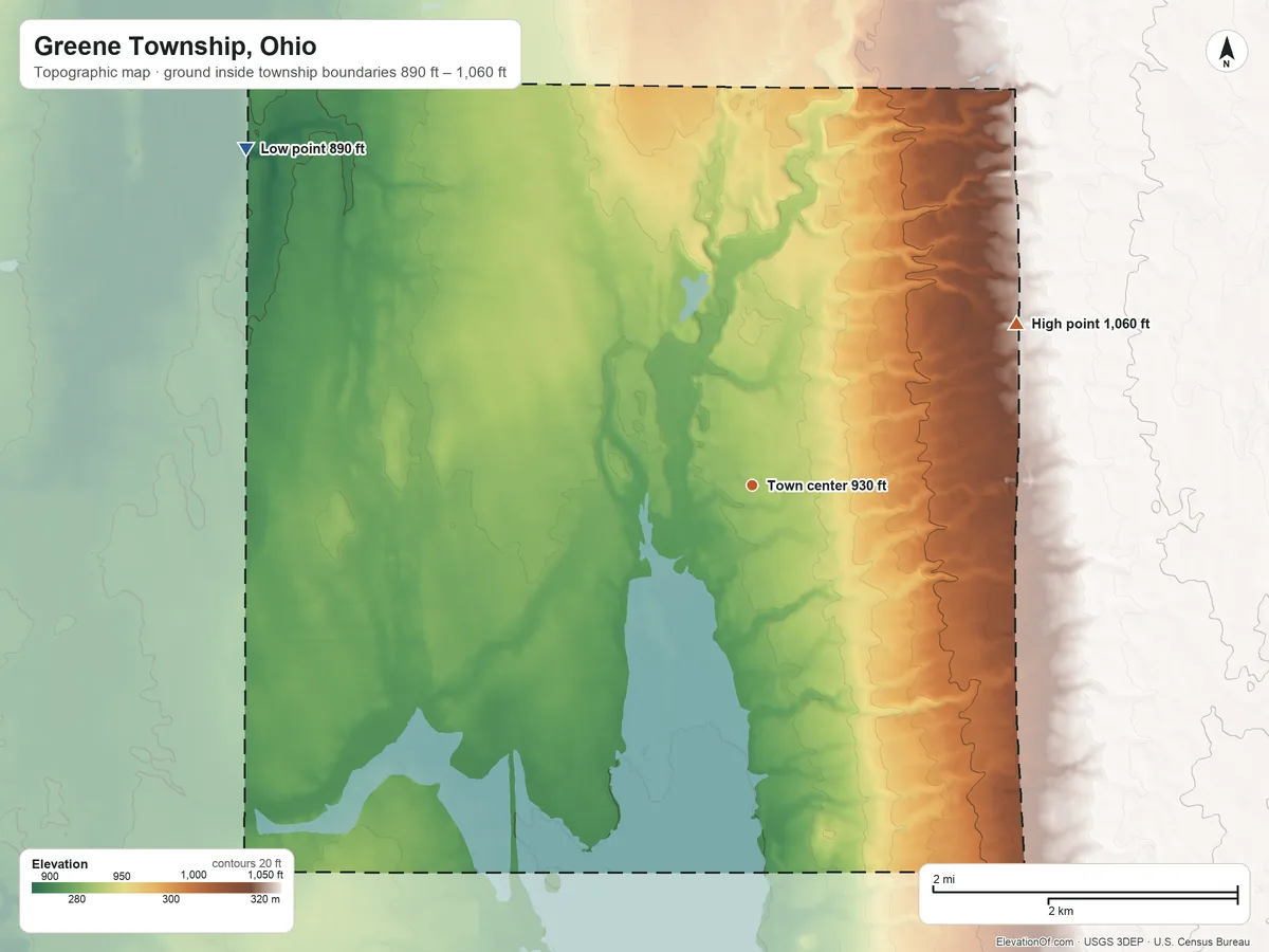 Topographic elevation map of Greene Township, Ohio, shaded from 890 ft on the northwest side to 1,060 ft on the northeast side