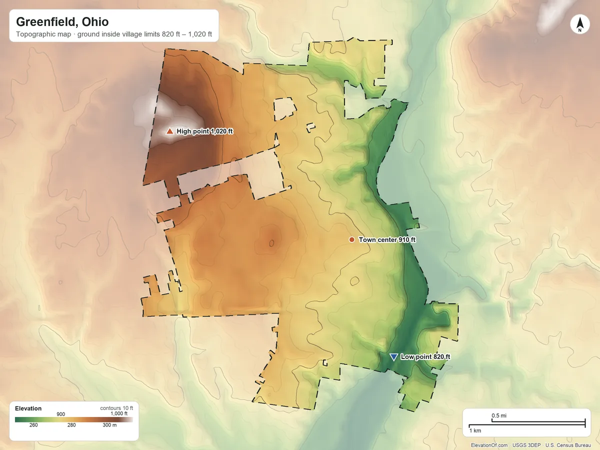 Topographic elevation map of Greenfield, Ohio, shaded from 820 ft on the south side to 1,020 ft on the northwest side