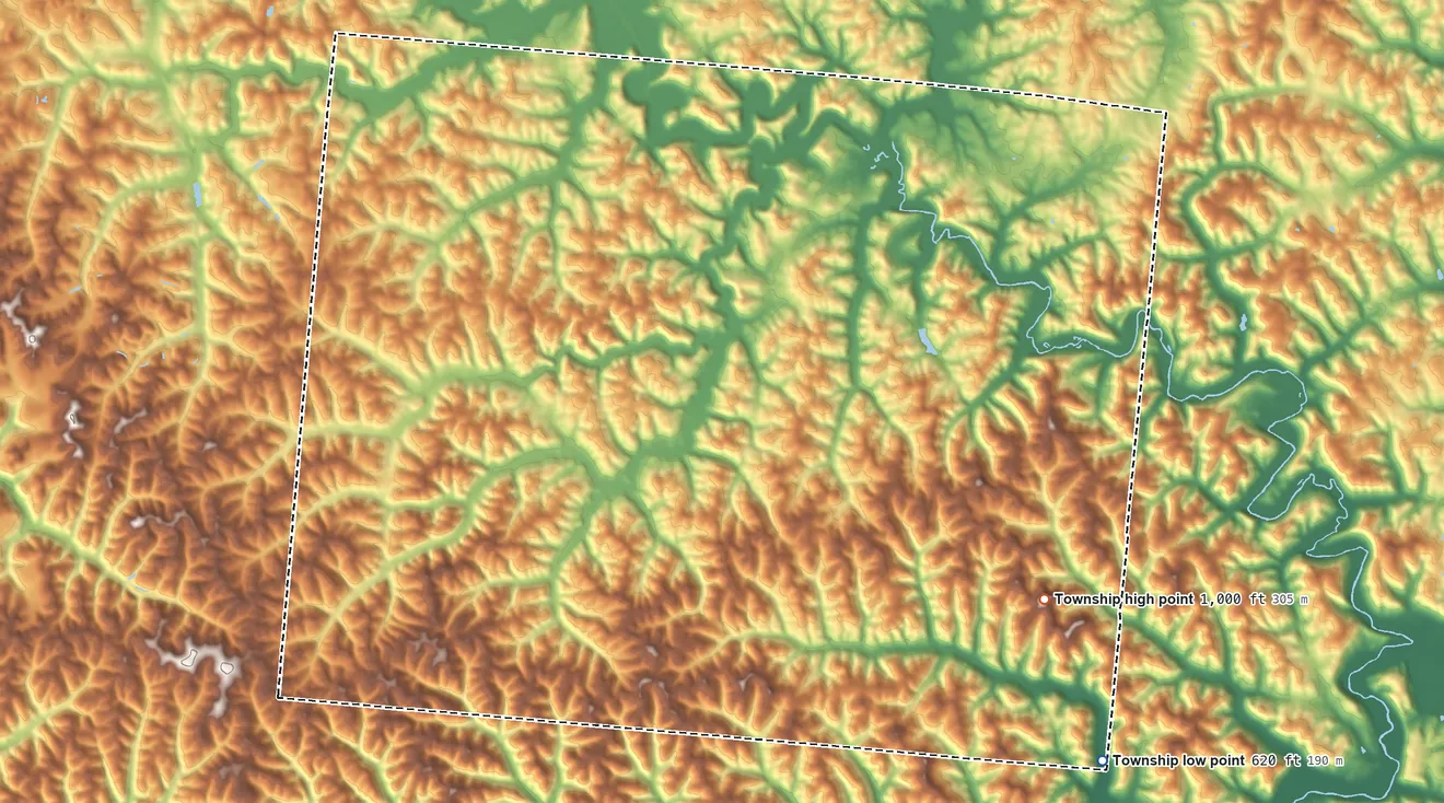 Topographic elevation map of Greenfield Township, Gallia County, Ohio, shaded from 620 ft on the southeast side to 1,000 ft on the southeast side