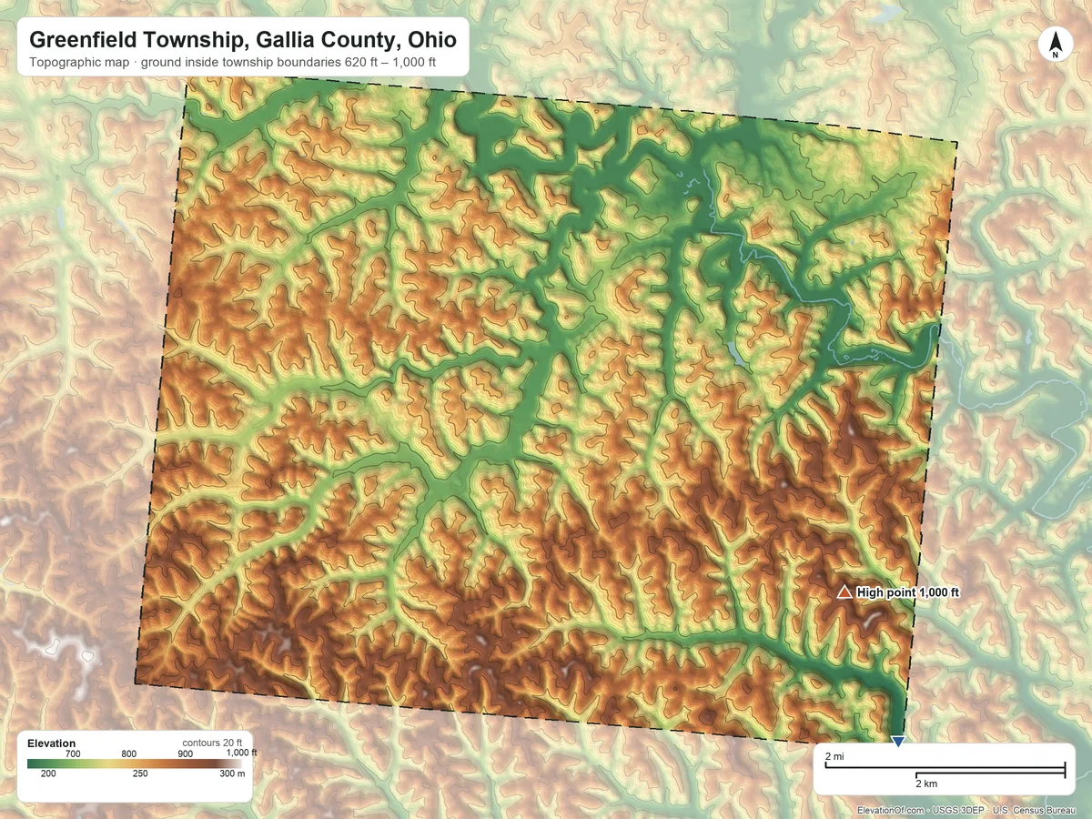 Topographic elevation map of Greenfield Township, Gallia County, Ohio, shaded from 620 ft on the southeast side to 1,000 ft on the southeast side
