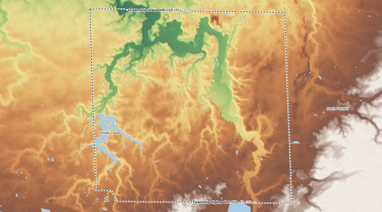 Topographic elevation map of Greenfield Township, Huron County, Ohio, shaded from 760 ft on the north side to 950 ft on the southeast side