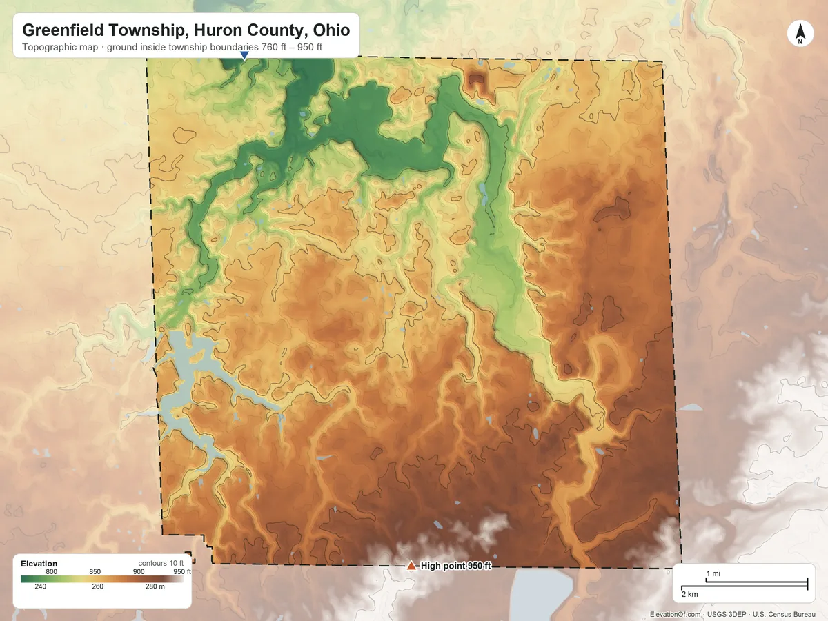 Topographic elevation map of Greenfield Township, Huron County, Ohio, shaded from 760 ft on the north side to 950 ft on the southeast side