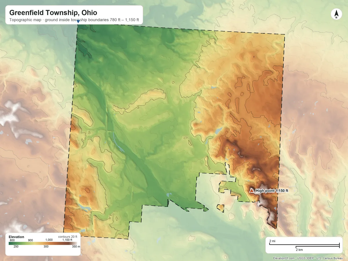 Topographic elevation map of Greenfield Township, Ohio, shaded from 780 ft on the northwest side to 1,150 ft on the southeast side