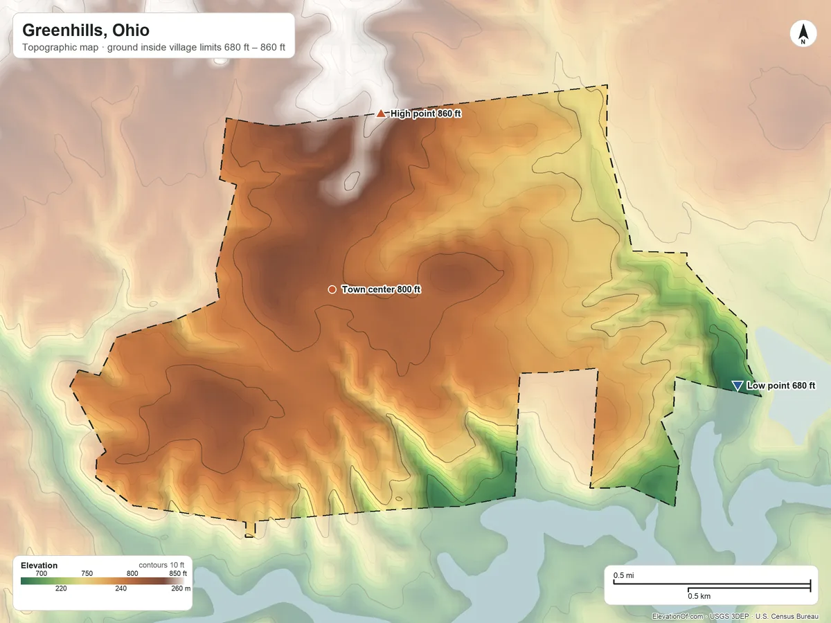 Topographic elevation map of Greenhills, Ohio, shaded from 680 ft on the east side to 860 ft on the north side