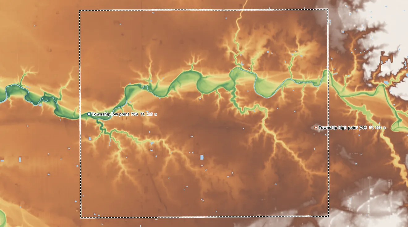 Topographic elevation map of Greensburg Township, Ohio, shaded from 700 ft on the west side to 740 ft on the east side