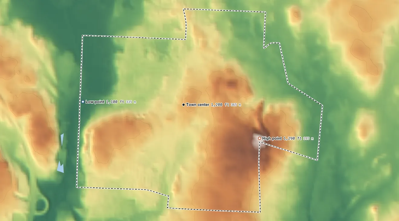 Topographic elevation map of Greentown, Ohio, shaded from 1,100 ft on the west side to 1,290 ft on the southeast side