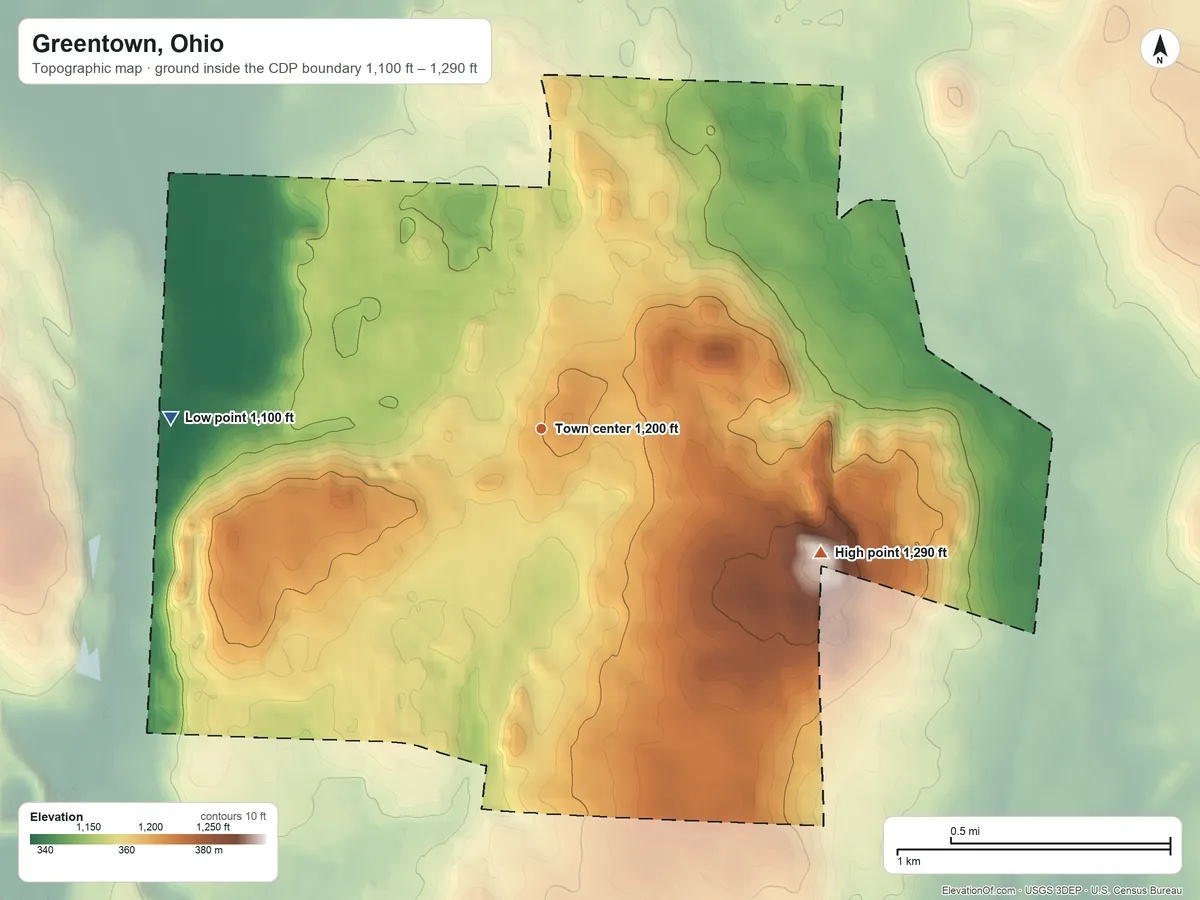 Topographic elevation map of Greentown, Ohio, shaded from 1,100 ft on the west side to 1,290 ft on the southeast side