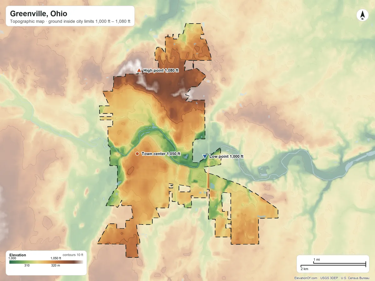 Topographic elevation map of Greenville, Ohio, shaded from 1,000 ft on the east side to 1,080 ft on the north side