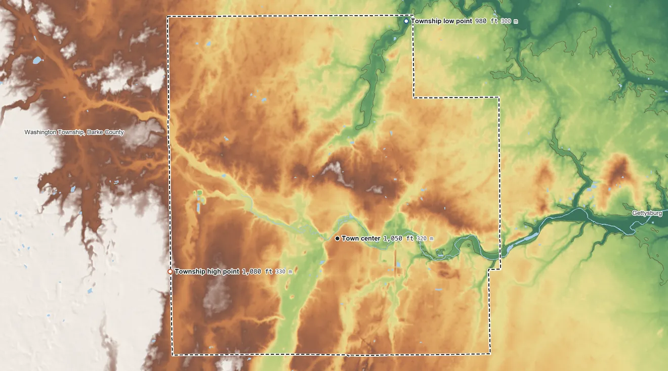 Topographic elevation map of Greenville Township, Ohio, shaded from 980 ft on the north side to 1,080 ft on the west side
