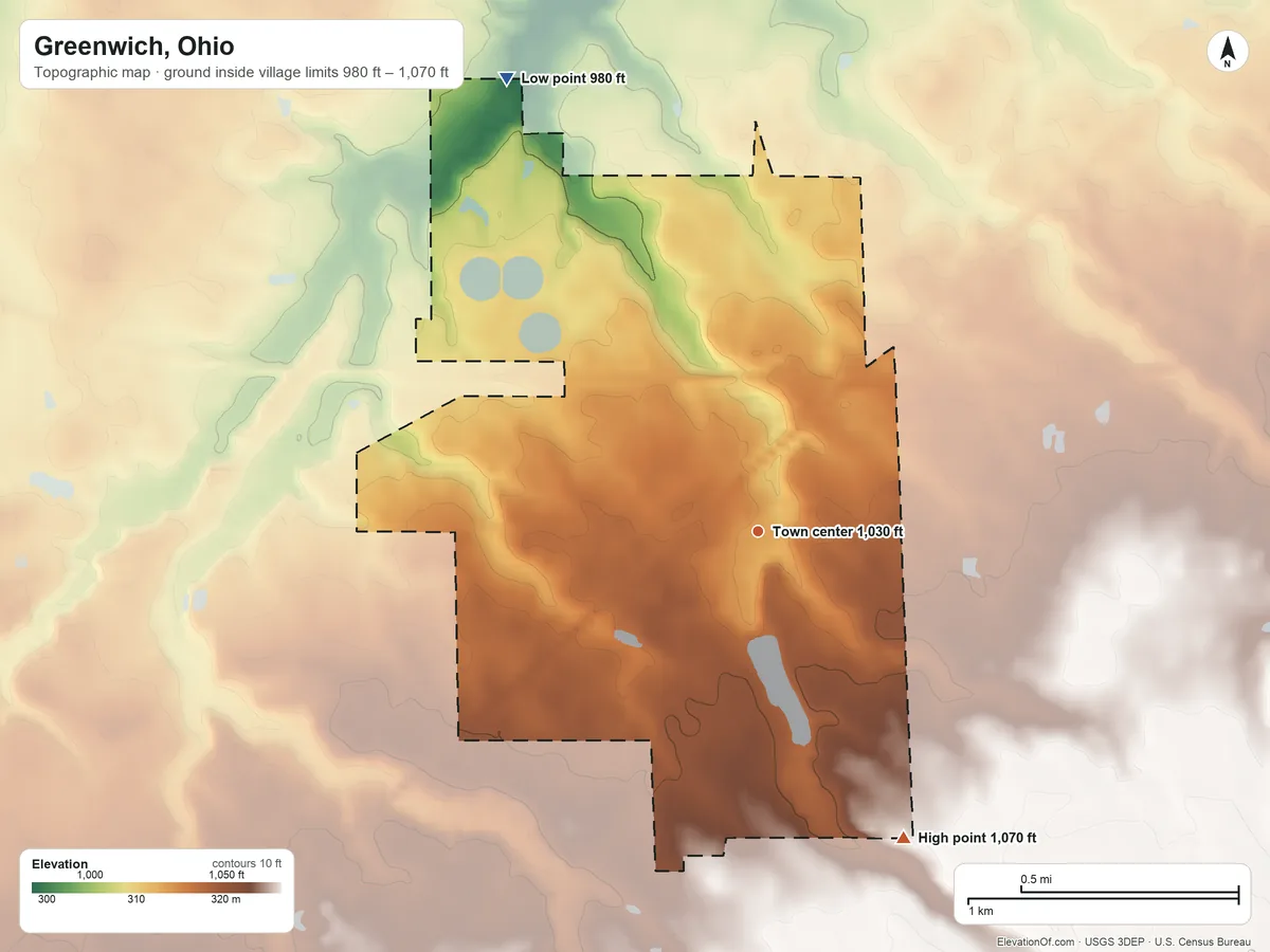 Topographic elevation map of Greenwich, Ohio, shaded from 980 ft on the northwest side to 1,070 ft on the southeast side
