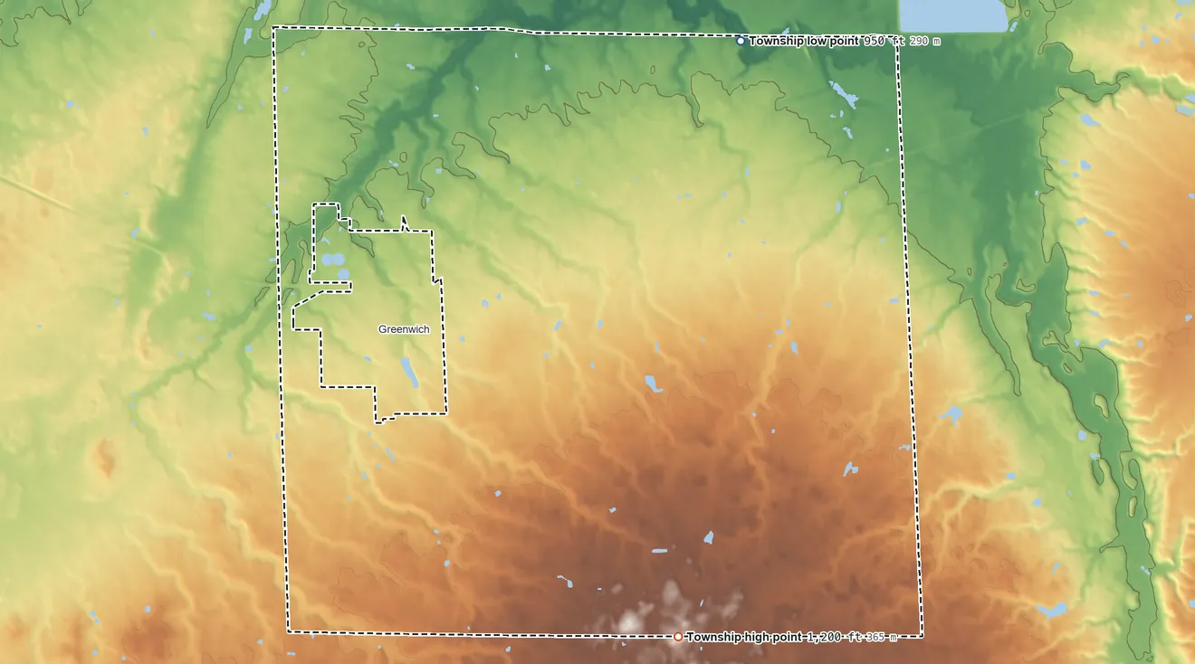 Topographic elevation map of Greenwich Township, Ohio, shaded from 950 ft on the northeast side to 1,200 ft on the south side