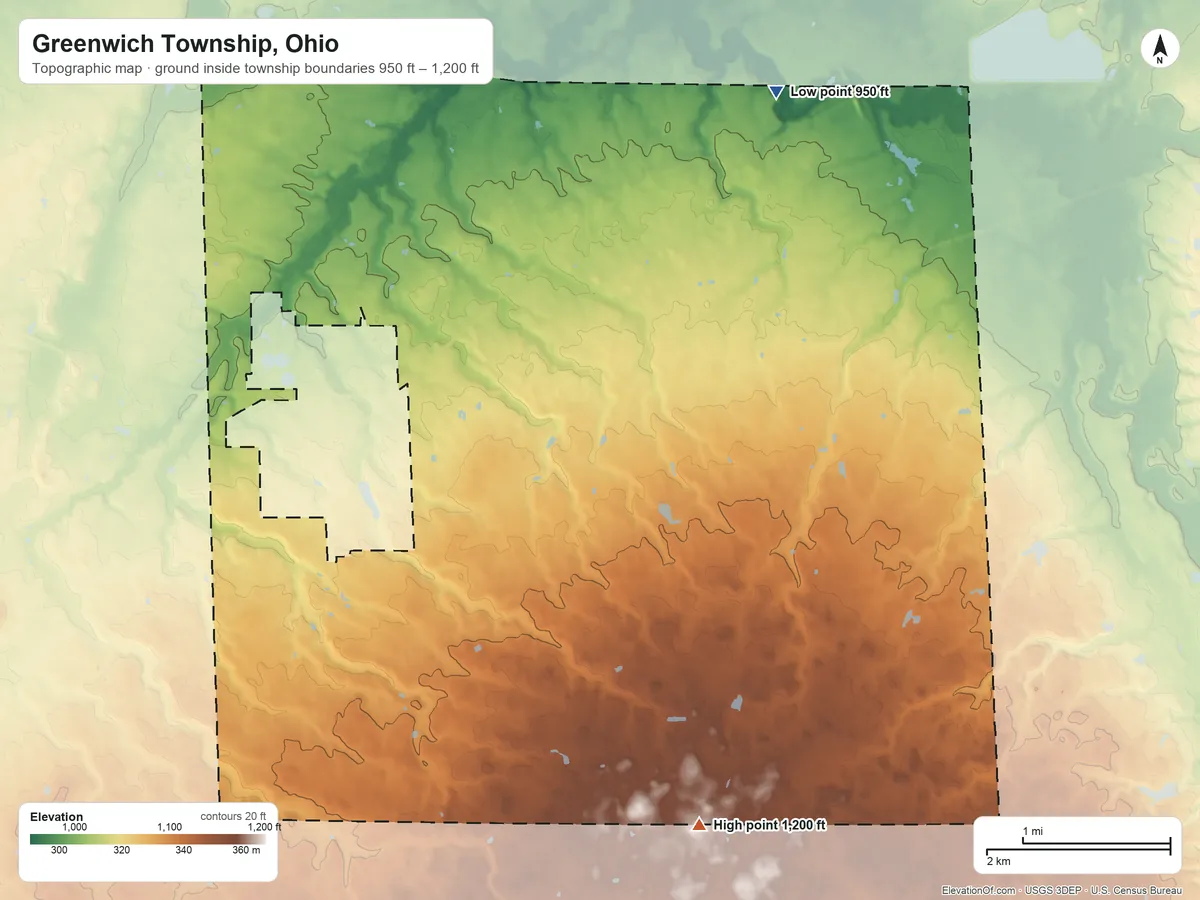 Topographic elevation map of Greenwich Township, Ohio, shaded from 950 ft on the northeast side to 1,200 ft on the south side