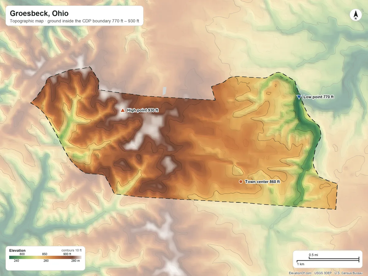 Topographic elevation map of Groesbeck, Ohio, shaded from 770 ft on the northeast side to 930 ft on the northwest side