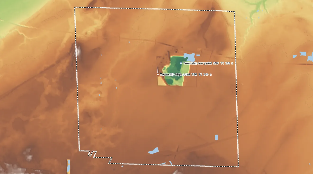 Topographic elevation map of Groton Township, Ohio, shaded from 590 ft on the northeast side to 780 ft near the middle