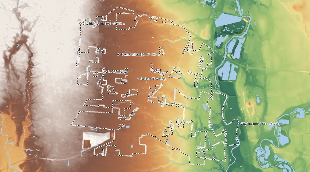 Topographic elevation map of Grove City, Ohio, shaded from 680 ft on the southeast side to 890 ft on the northwest side