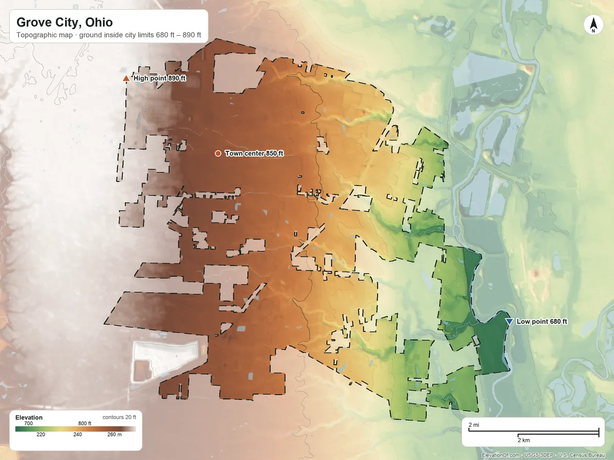Topographic elevation map of Grove City, Ohio, shaded from 680 ft on the southeast side to 890 ft on the northwest side