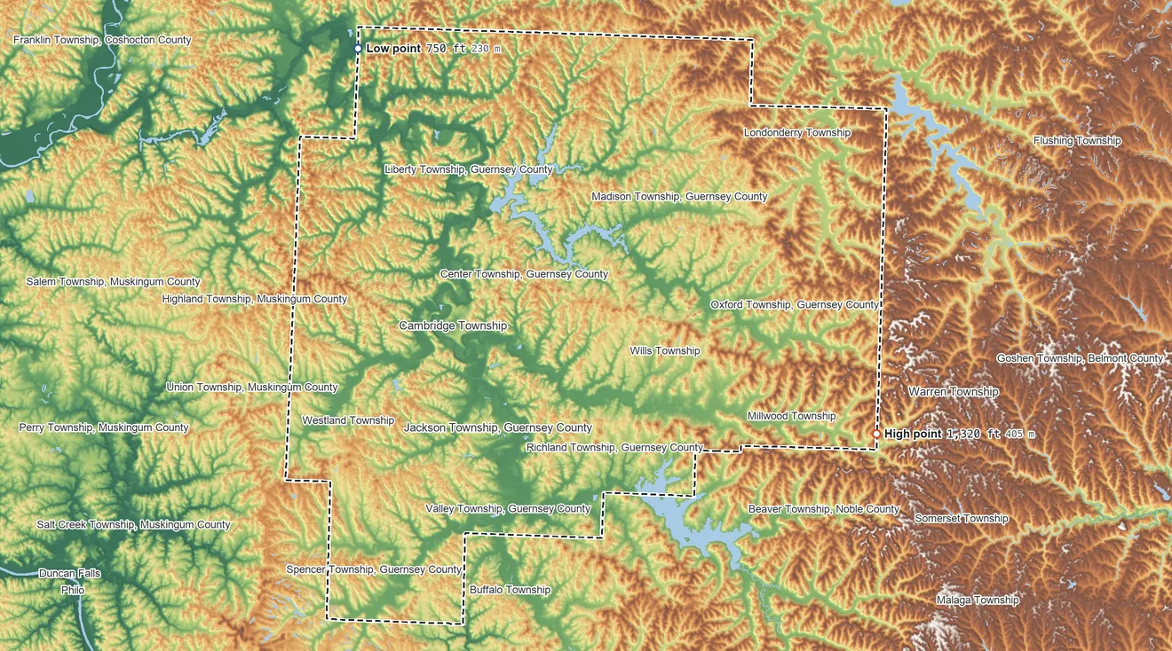 Topographic elevation map of Guernsey County, Ohio, shaded from 750 ft on the northwest side to 1,320 ft on the east side