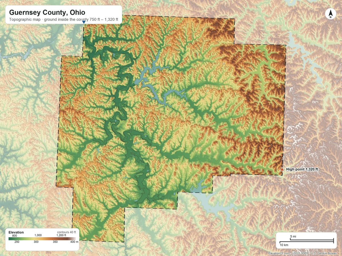 Topographic elevation map of Guernsey County, Ohio, shaded from 750 ft on the northwest side to 1,320 ft on the east side